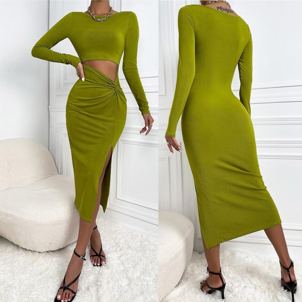 Cut Out Twist Front Slit Thigh Bodycon Dress